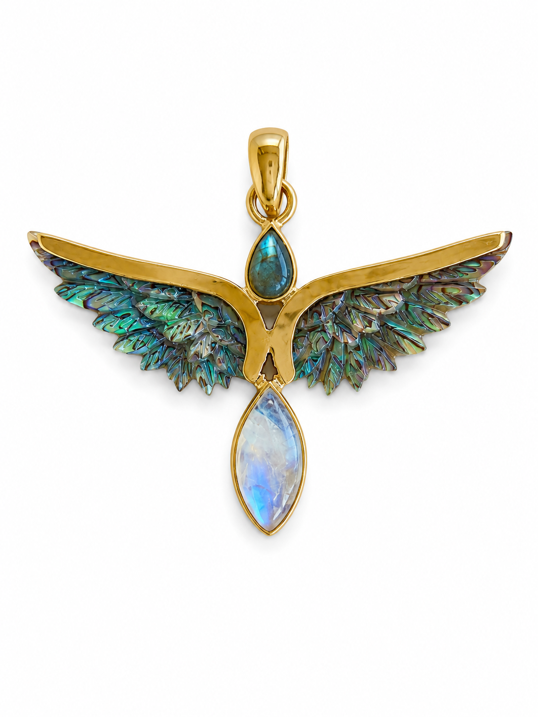Aurea Wings – Abalone, Larimar & Labradorite Brass Pendant