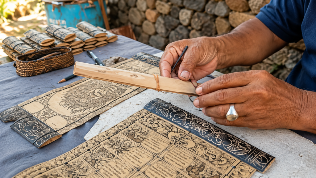 Balinese artisan hand-engraving a traditional palm leaf manuscript in Bali