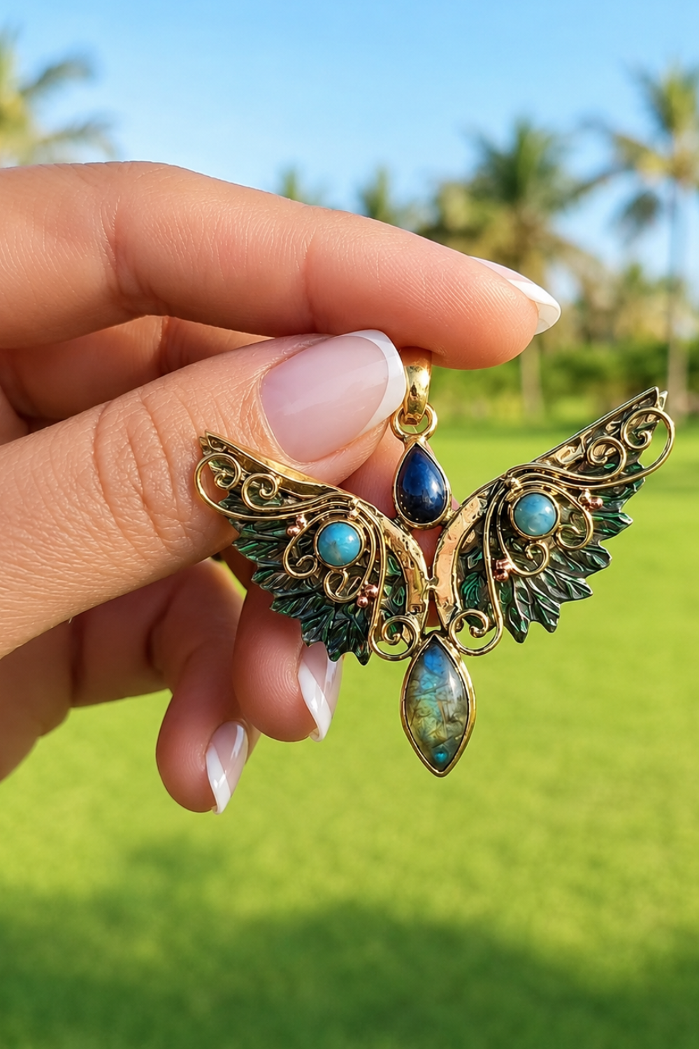 Azura Wings – Abalone, Larimar & Labradorite Brass Pendant - immagine 7